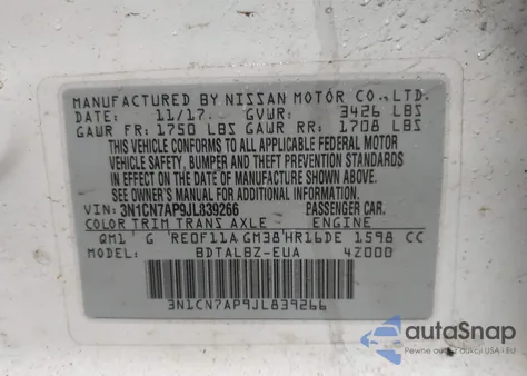 2018 Nissan Versa 1.6 Sv from USA, damaged, VIN 3N1CN7AP9JL839266